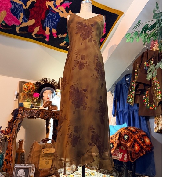Vintage Y2K Gold Brown Floral Midi Dress Sheer Trim V Neck Whimsygoth Size 10 - Picture 10 of 12